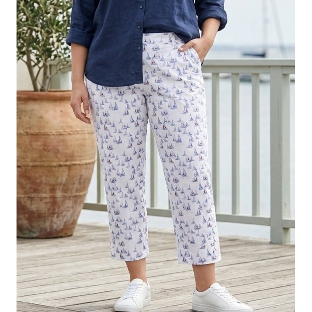 Talbots Womens 14 White Sailboat Print Crop Capri Nautical Pants Cotton Stretch